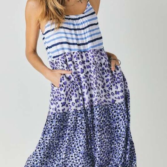 Blue & White Adorable Summer Sundress, MULTI PRINT SLEEVELESS MIDI DRESS, S - Picture 5 of 11